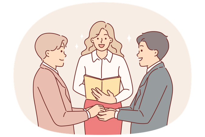 Gay men at wedding ceremony and creation new family standing near woman regtering LGBT marriage  Illustration