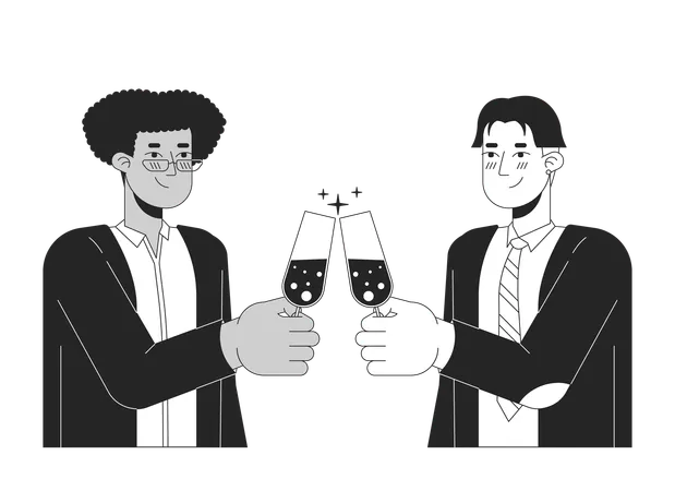 Gay Men Couple Clink Glasses Black And White 2 D Line Cartoon Characters Enamored Homosexual Boyfriends Isolated Vector Outline People Toasting Champagne Flutes Monochromatic Flat Spot Illustration Illustration