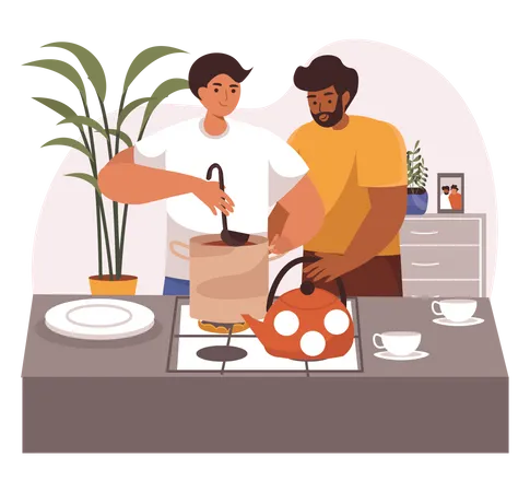 Gays ajudando a cozinhar uns aos outros  Ilustração
