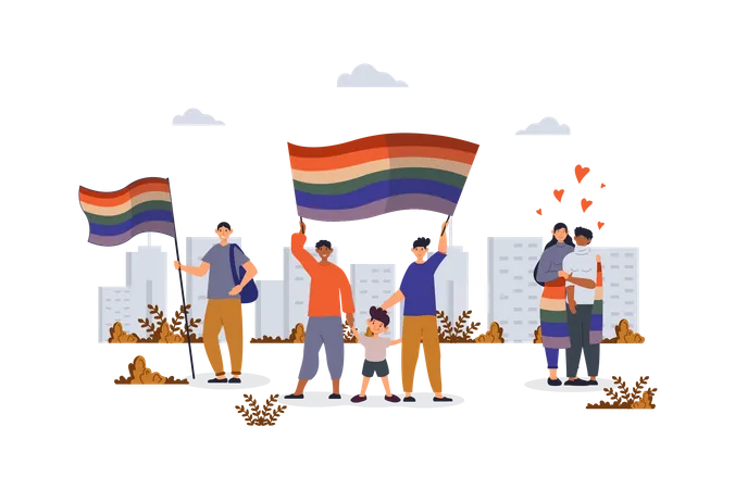 Gays and lesbians couple holding rainbow flag and celebrating pride festival  Illustration