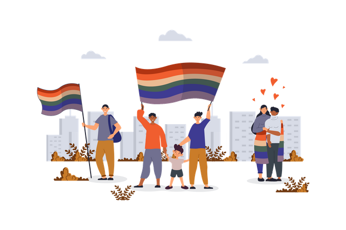 Gays and lesbians couple holding rainbow flag and celebrating pride festival  Illustration