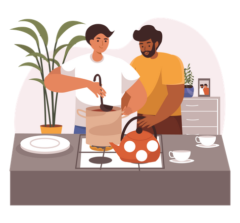Gays helping in cooking each other Illustration