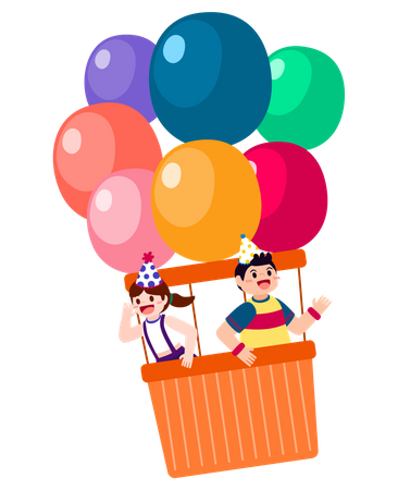 Geburtstagskinder sitzen im fliegenden Ballon  Illustration