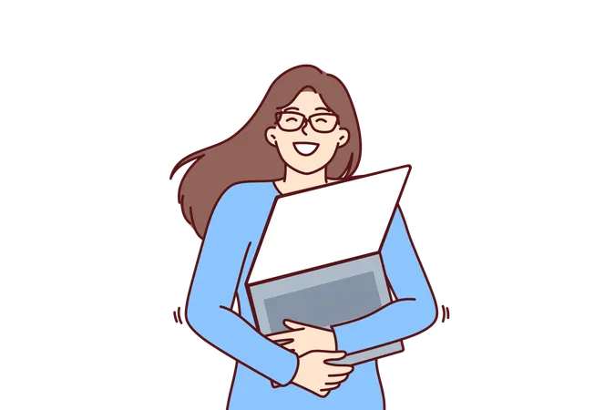 Geek woman with laptop hugs favorite gadget  Illustration