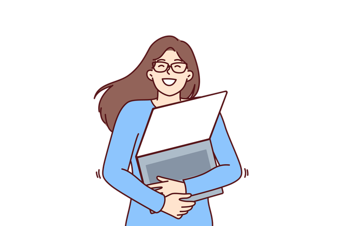 Geek woman with laptop hugs favorite gadget  Illustration