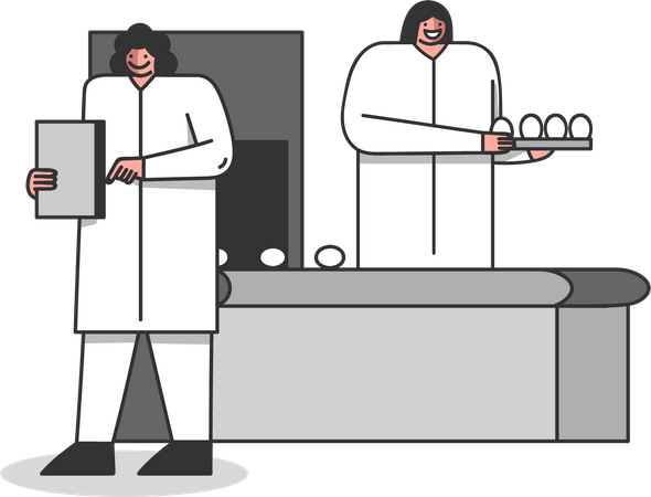 Geflügelfarmarbeiter kontrollieren die Eierqualität  Illustration