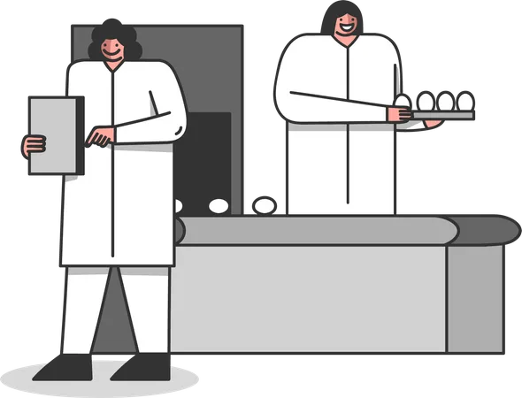 Geflügelfarmarbeiter kontrollieren die Eierqualität  Illustration