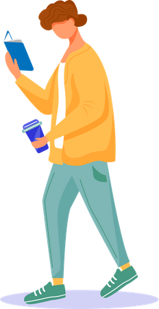 Gehender Mann mit Buch und Kaffeeglas  Illustration