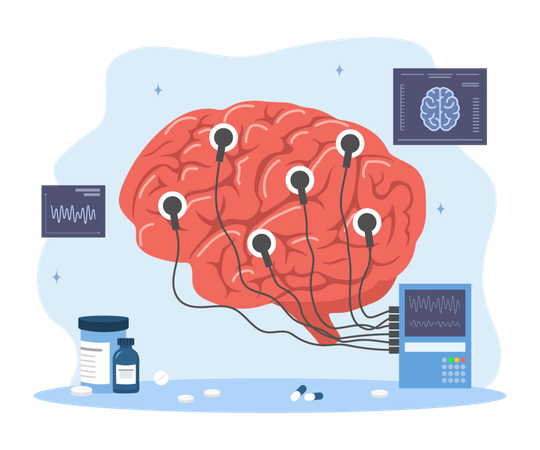 Gehirn mit Display verbunden und EEG-Anzeige  Illustration