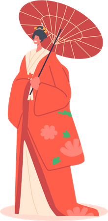 Geisha Woman holding umbrella Illustration
