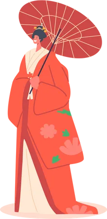 Geisha Woman holding umbrella Illustration
