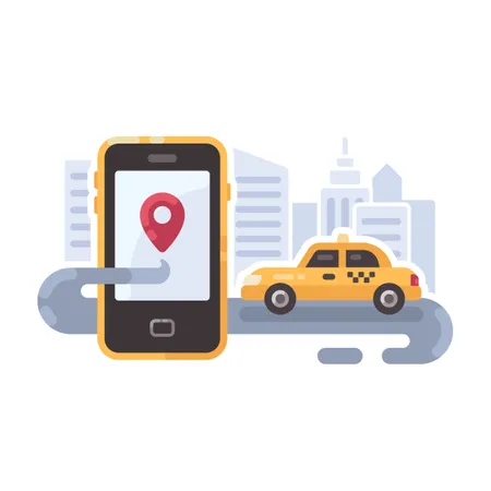 Gelbes Taxi Auto auf der Straße mit Smartphone  Illustration