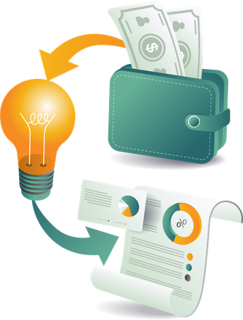 Geldbörse mit Bargeld und Glühbirne und Business Analytics-Leistung  Illustration