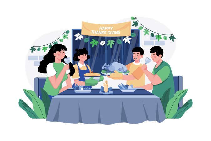 Gemeinsames Abendessen mit der Familie am Erntedankfest  Illustration