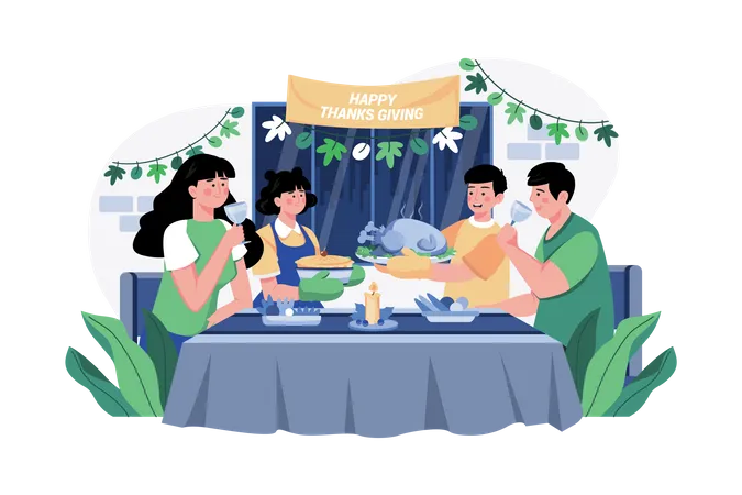 Gemeinsames Abendessen mit der Familie am Erntedankfest  Illustration
