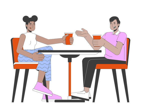 Multirassische Freunde mit Getränken am Café-Tisch  Illustration