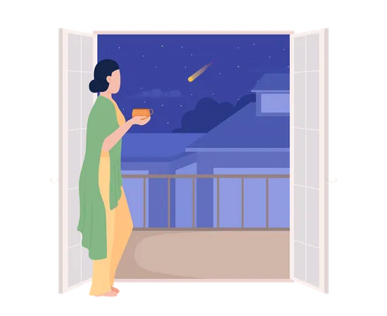 Gemütliche Frau mit Tasse Blick vom Balkon  Illustration