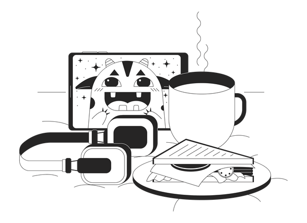 Gemütliche Komposition im Bett, SW, konzeptionelles Heldenbild  Illustration