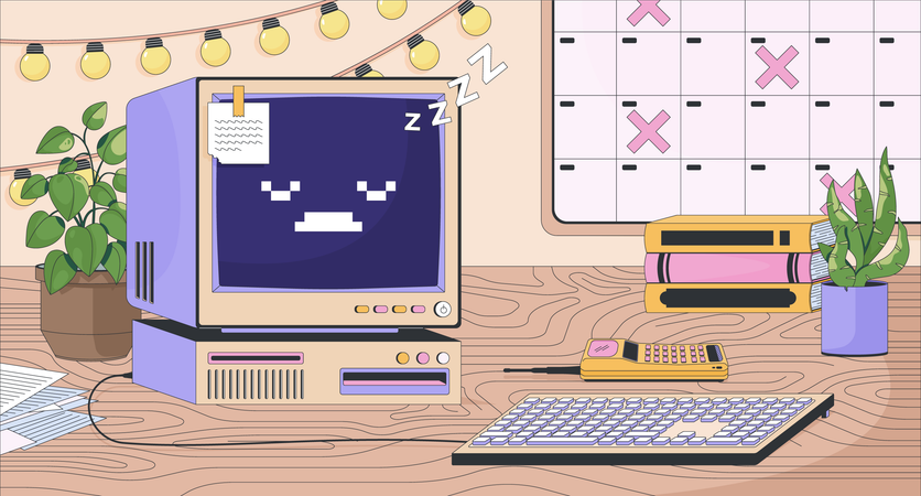 Gemütlicher Schreibtisch mit Retro-Computer  Illustration