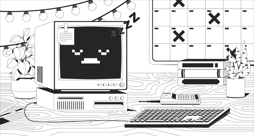 Gemütlicher Schreibtisch mit Retro-Computer  Illustration