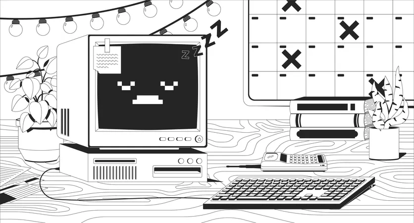 Gemütlicher Schreibtisch mit Retro-Computer  Illustration