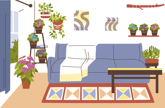 Gemütliches Wohnzimmer Interieur mit Sofa  Illustration