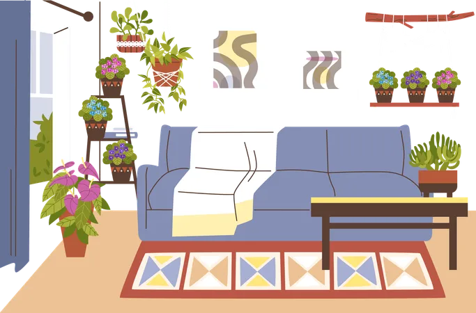 Gemütliches Wohnzimmer Interieur mit Sofa  Illustration