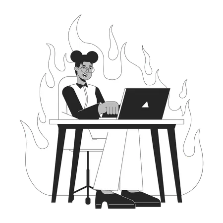 Gen Z Employee Demonstrating Passion At Work Black And White 2 D Line Cartoon Character Female Office Worker Isolated Vector Outline Person Burning Workspace Monochromatic Flat Spot Illustration Illustration