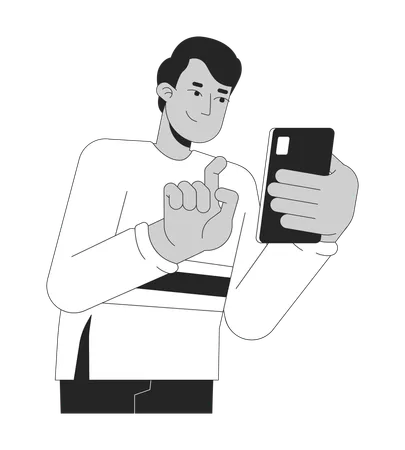 Gen Z Indian Man Typing Smartphone Black And White 2 D Line Cartoon Character South Asian Guy With Mobile Phone Isolated Vector Outline Person Texting Online Monochromatic Flat Spot Illustration Illustration
