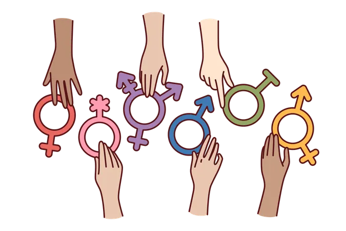Symbols Different Genders In Hands For Concept Absence Of Discrimination Against Transgender Humans Banner To Call For Tolerance Towards People Who Have Undergone Genders Reassignment Surgery Illustration