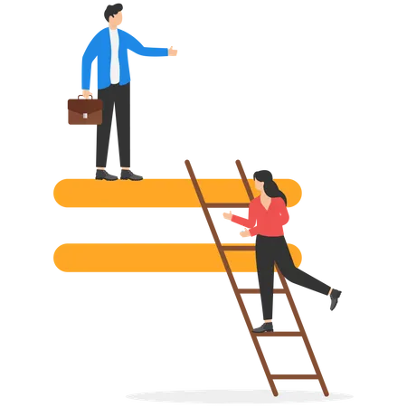 Challenge Of Woman To Be Accepted In Organization Discrimination Against Lady Businessman Stand On Equality Sign While Businesswoman Climb Up Stair To Reach Same Level Illustration