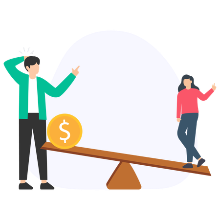 Gender pay gap, man and woman on seesaw, coin unbalancing it  Illustration