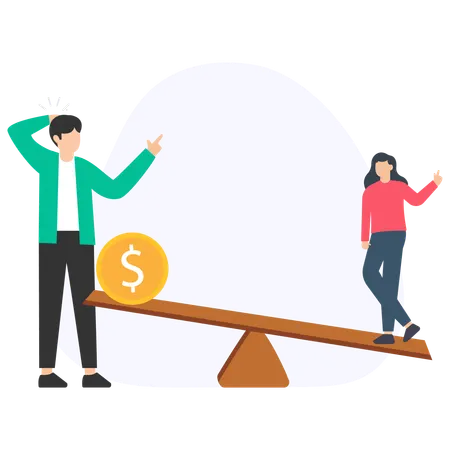 Gender pay gap, man and woman on seesaw, coin unbalancing it  Illustration