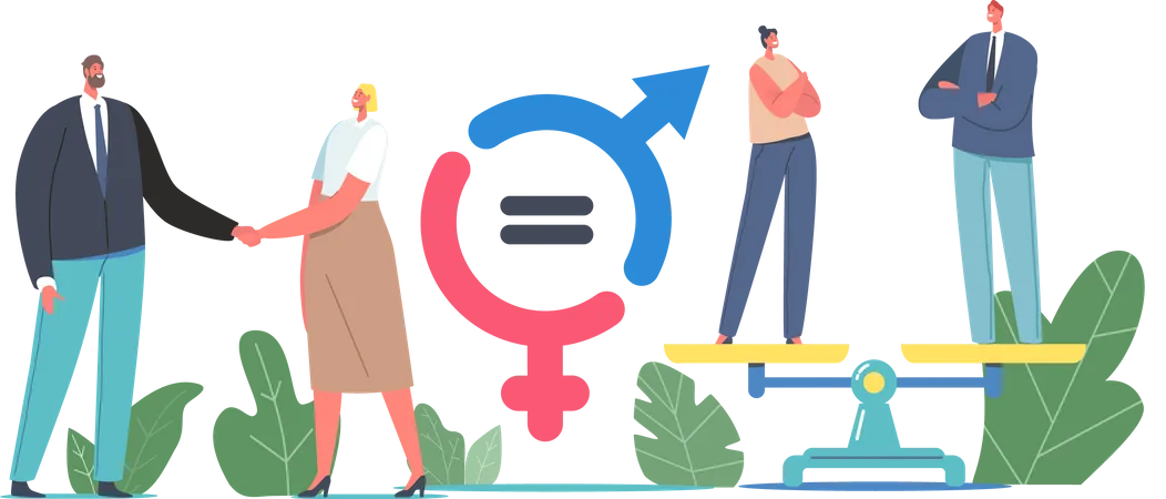 Gender Sex Equality And Balance Concept Male And Female Business Characters Shaking Hands Businessman And Businesswoman Stand On Scales Equal Salary Feminism Cartoon People Vector Illustration Illustration