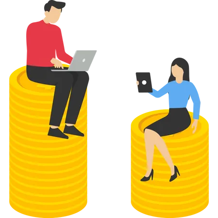 Gender Wage Gap Salary Or Income Gender Diversification Concept Problem Inequality Between Male And Female Wages Employers Standing On Coin Money Are Paid More Women On Coin Income Less Illustration