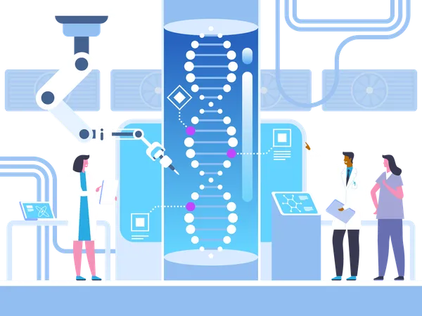Gene Modification Flat Vector Illustration Doctors Scientists With Assistant Cartoon Characters Futuristic Medicine Biotechnology Genetic Engineering Human Genome Study Laboratory Experiment イラスト