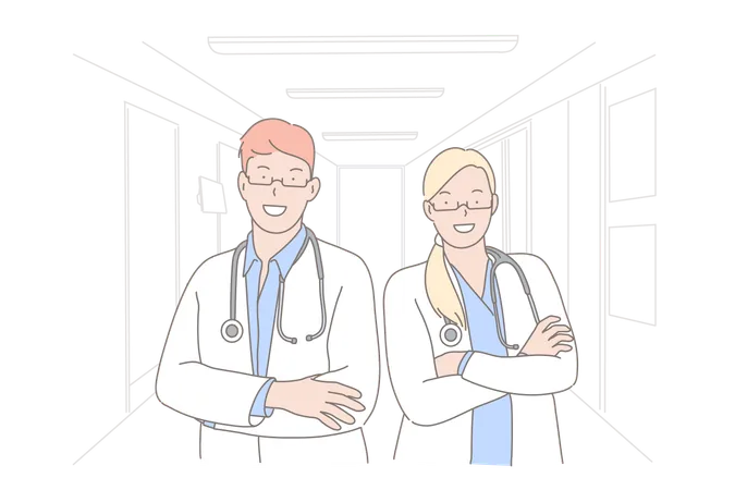 Doctors Medical Workers Hospital Staff Concept General Practitioners Wearing White Coats Smiling Therapists With Stethoscopes Healthcare Industry Personnel Simple Flat Vector Illustration