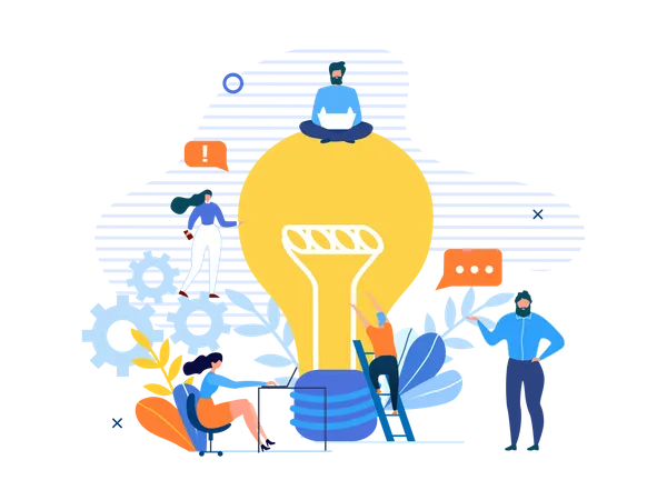 Generate Creative Solution Business Landing Page Office Team Community Brainstorming Idea Working On Innovative Solution Men And Women With Gadgets Light Bulb Lamp Vector Flat Illustration Illustration