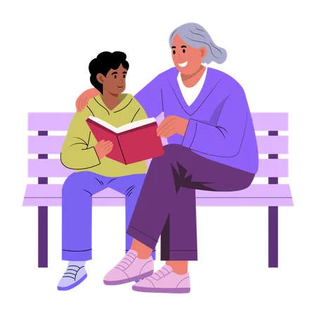 Generational learning taught by grand mother  Illustration