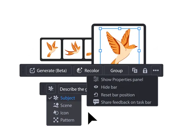 Generative AI And Simple Text Prompts In Program For Illustrator Contextual Task Bar In Application For Vector Graphic Vector Illustration Illustration