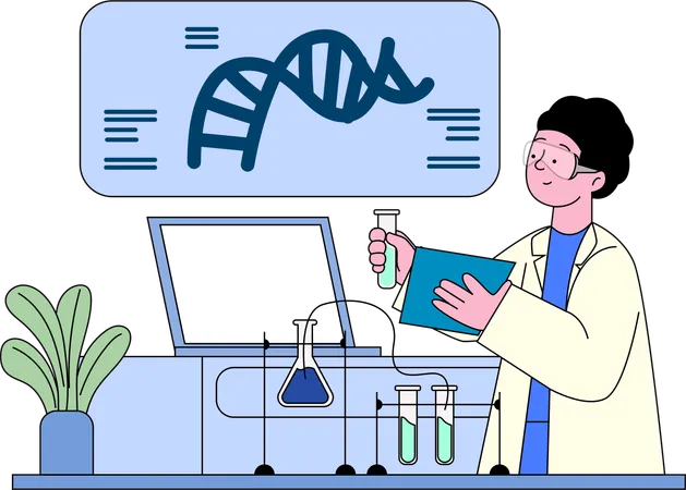 An Illustration Highlighting A Scientist Studying Genetic Materials Representing The Advancements In Medical Research And Genetic Testing Within A Healthcare Setting Illustration