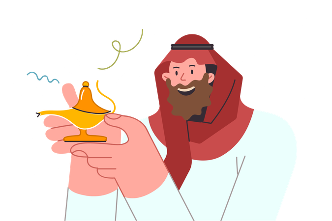 Genie in golden lamp is in hands of arab man making wish  Illustration