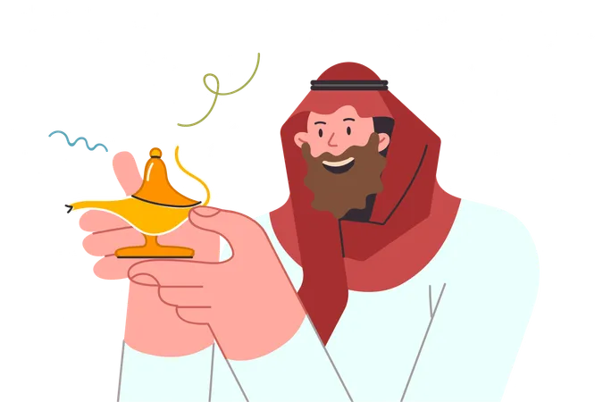 Genie In Golden Lamp In Hands Of Arab Man Making Wish Dressed In Traditional Dishdasha Guy Believes In Magic Found Old Jug And Rejoices In Hope Of Seeing Genie Who Can Do Miracles 일러스트레이션