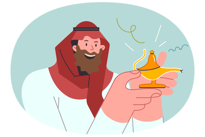 Genio en una lámpara dorada en manos de un hombre árabe que pide un deseo vestido con la tradicional dishdasha  Ilustración