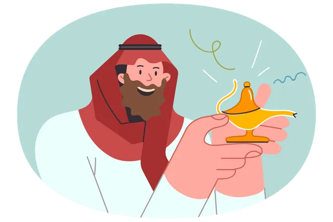 Genio en una lámpara dorada en manos de un hombre árabe que pide un deseo vestido con la tradicional dishdasha  Ilustración