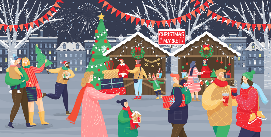 Gens célébrant Noël au marché de Noël  Illustration