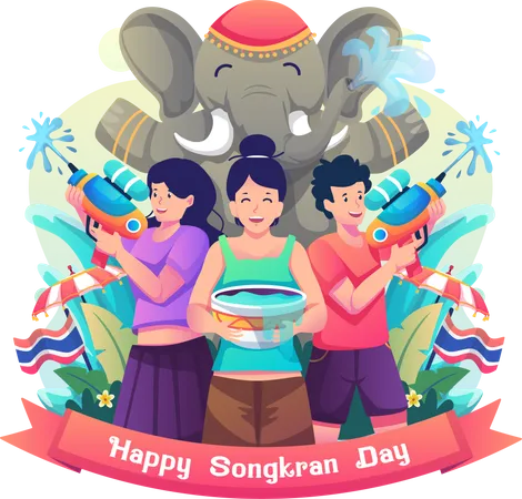 Personnes célébrant le festival de Songkran  Illustration