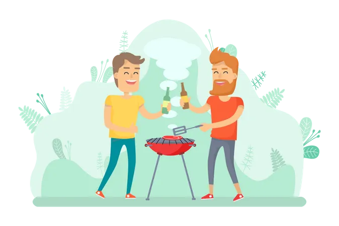 Les gens cuisinent un barbecue et boivent de l'alcool  Illustration