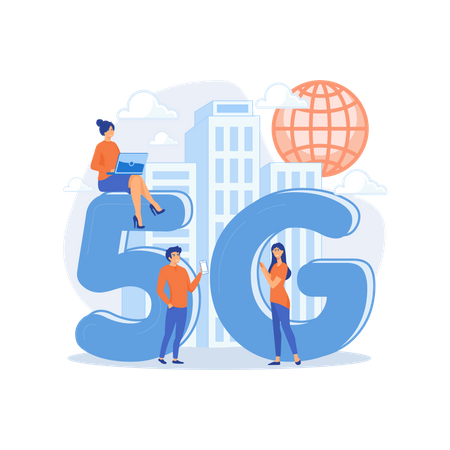 Gens d'affaires disposant d'appareils mobiles utilisant la technologie 5G  Illustration