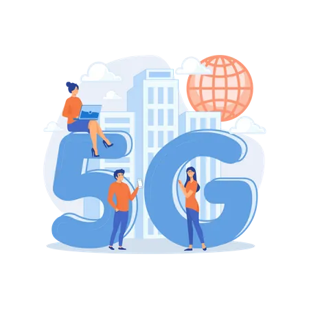 Gens d'affaires disposant d'appareils mobiles utilisant la technologie 5G  Illustration